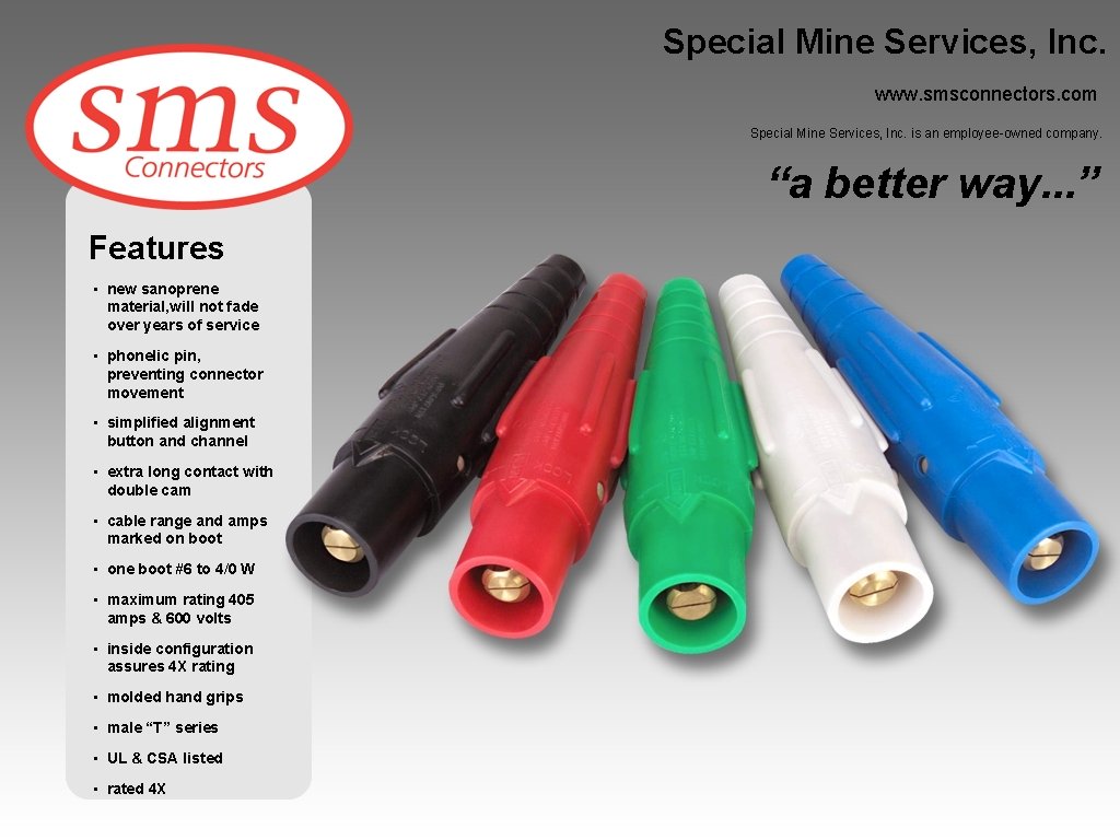 Special Mine Services, Inc. www. smsconnectors. com Special Mine Services, Inc. is an employee-owned