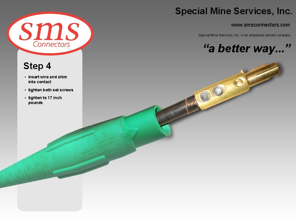 Special Mine Services, Inc. www. smsconnectors. com Special Mine Services, Inc. is an employee-owned