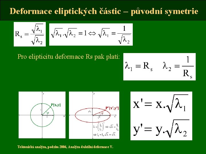 Deformace eliptických částic – původní symetrie Pro elipticitu deformace Rs pak platí: Tektonická analýza,