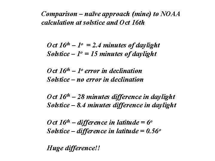 Comparison – naïve approach (mine) to NOAA calculation at solstice and Oct 16 th