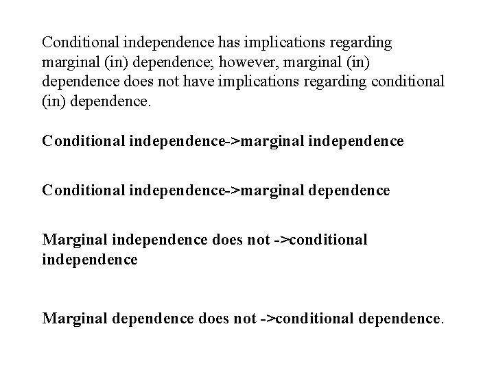 Conditional independence has implications regarding marginal (in) dependence; however, marginal (in) dependence does not