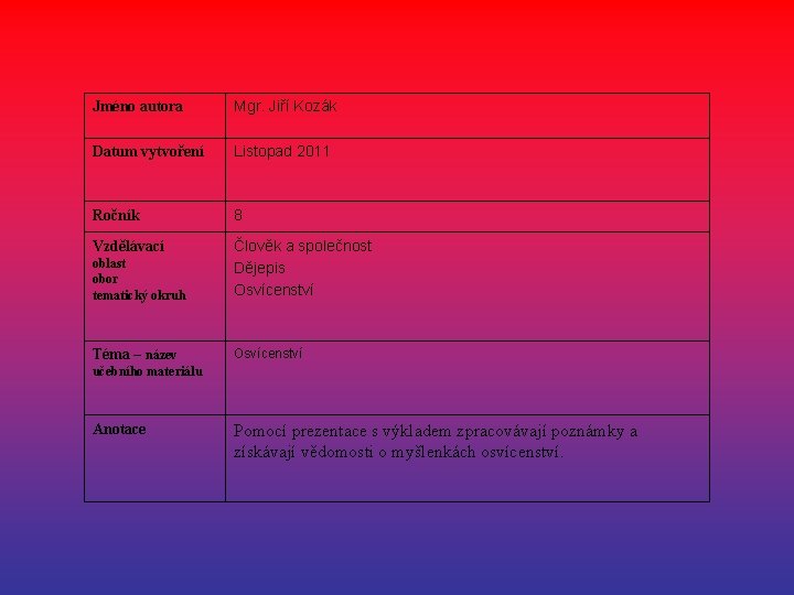 Jméno autora Mgr. Jiří Kozák Datum vytvoření Listopad 2011 Ročník 8 Vzdělávací oblast obor