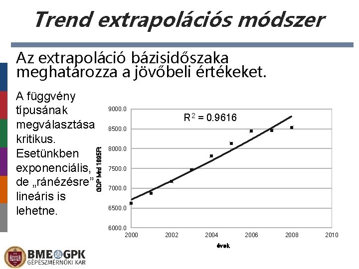 Trend extrapolációs módszer Az extrapoláció bázisidőszaka meghatározza a jövőbeli értékeket. GDP Mrd 1995 Ft