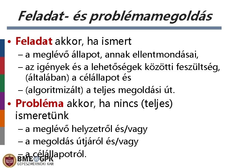 Feladat- és problémamegoldás • Feladat akkor, ha ismert – a meglévő állapot, annak ellentmondásai,