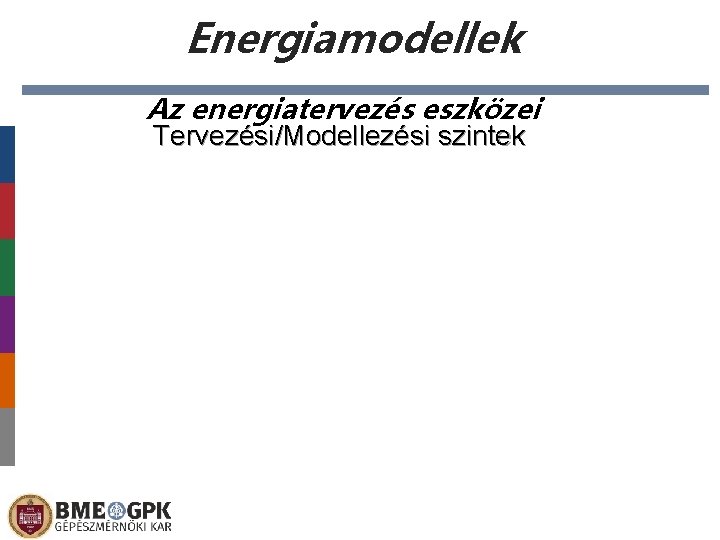 Energiamodellek Az energiatervezés eszközei Tervezési/Modellezési szintek 