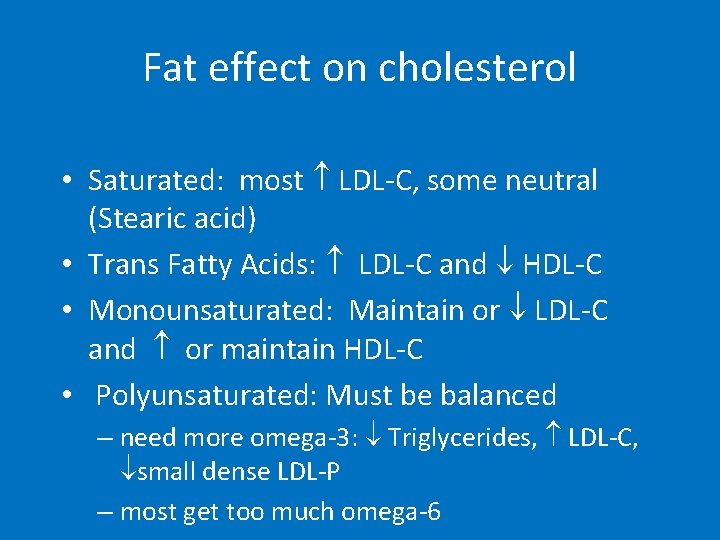 Fat effect on cholesterol • Saturated: most LDL-C, some neutral (Stearic acid) • Trans