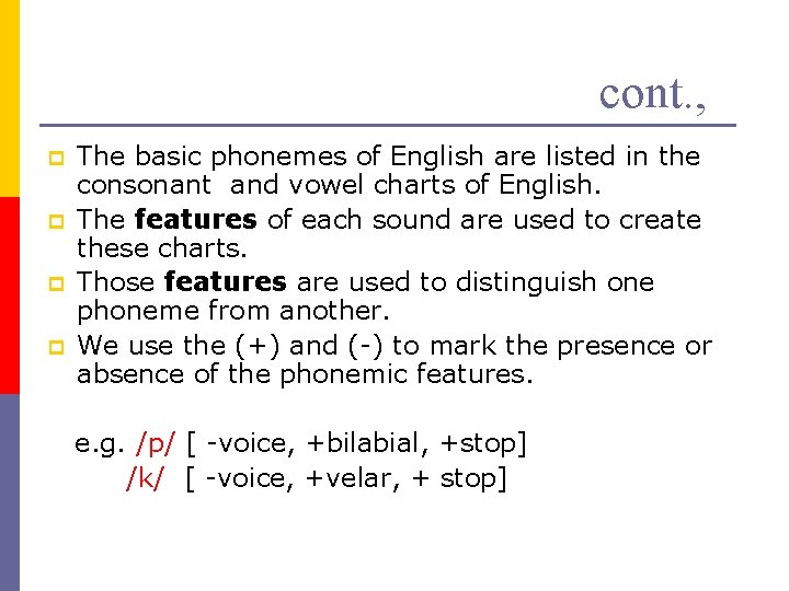 cont. , p p The basic phonemes of English are listed in the consonant