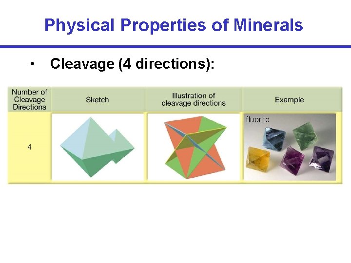 Physical Properties of Minerals • Cleavage (4 directions): fluorite 