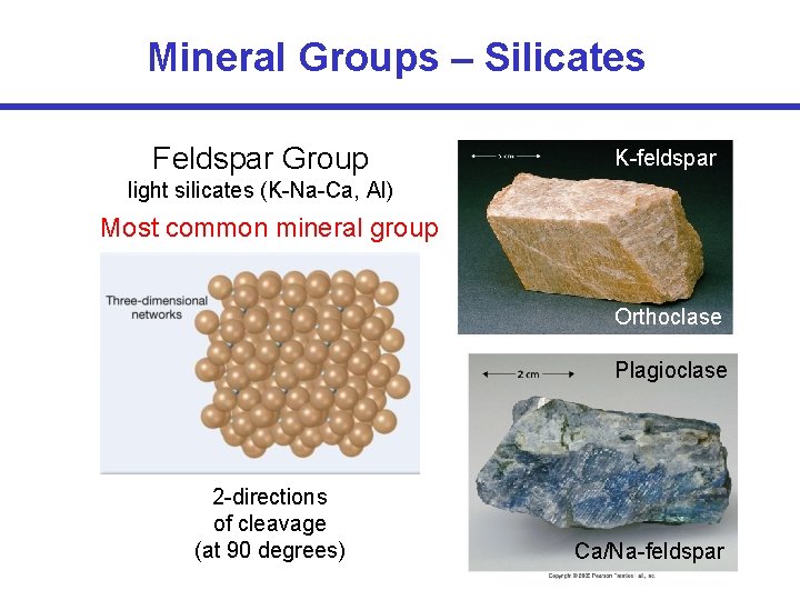 Mineral Groups – Silicates Feldspar Group K-feldspar light silicates (K-Na-Ca, Al) Most common mineral
