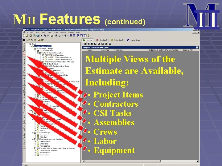 MII Features (continued) Multiple Views of the Estimate are Available, Including: • • Project