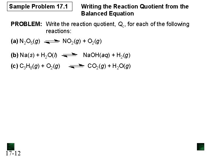 Sample Problem 17. 1 Writing the Reaction Quotient from the Balanced Equation PROBLEM: Write