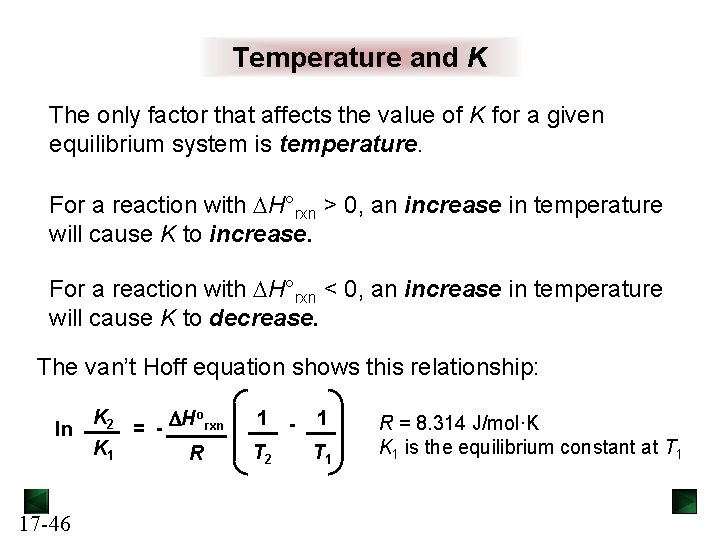 Temperature and K The only factor that affects the value of K for a