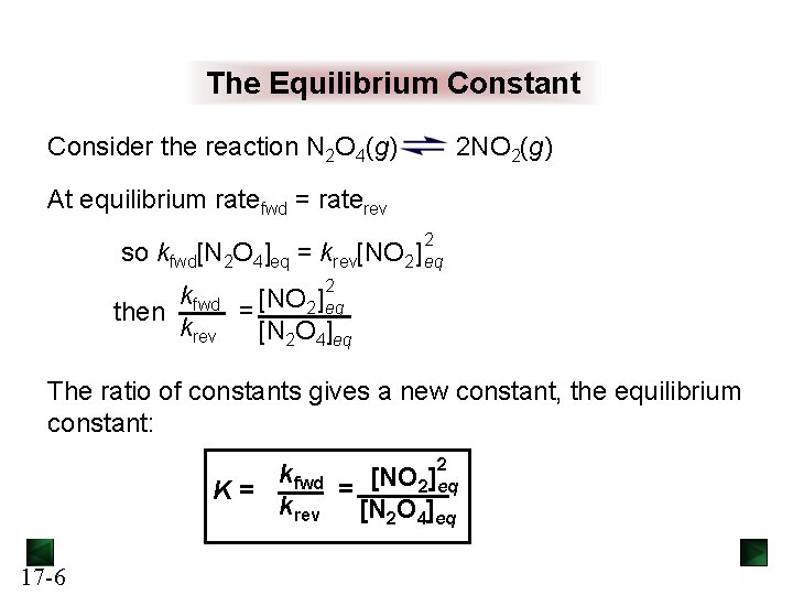 The Equilibrium Constant Consider the reaction N 2 O 4(g) 2 NO 2(g) At