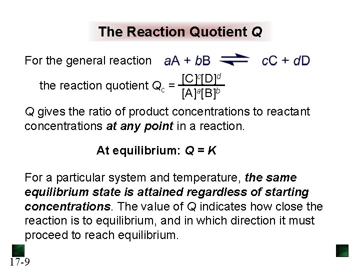The Reaction Quotient Q For the general reaction [C]c[D]d the reaction quotient Qc =