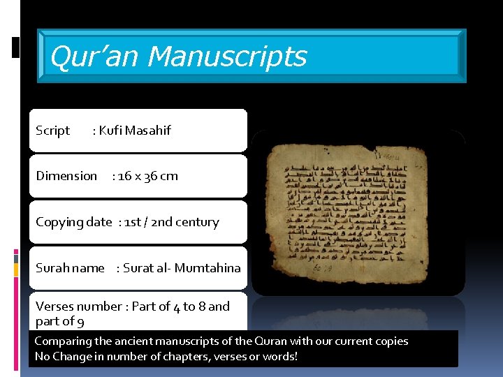 Qur’an Manuscripts Script : Kufi Masahif Dimension : 16 x 36 cm Copying date