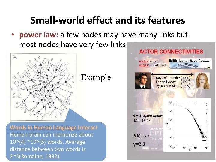 Small-world effect and its features • power law: a few nodes may have many