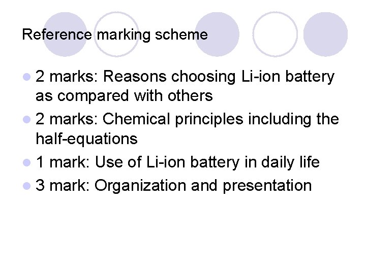 Reference marking scheme l 2 marks: Reasons choosing Li-ion battery as compared with others