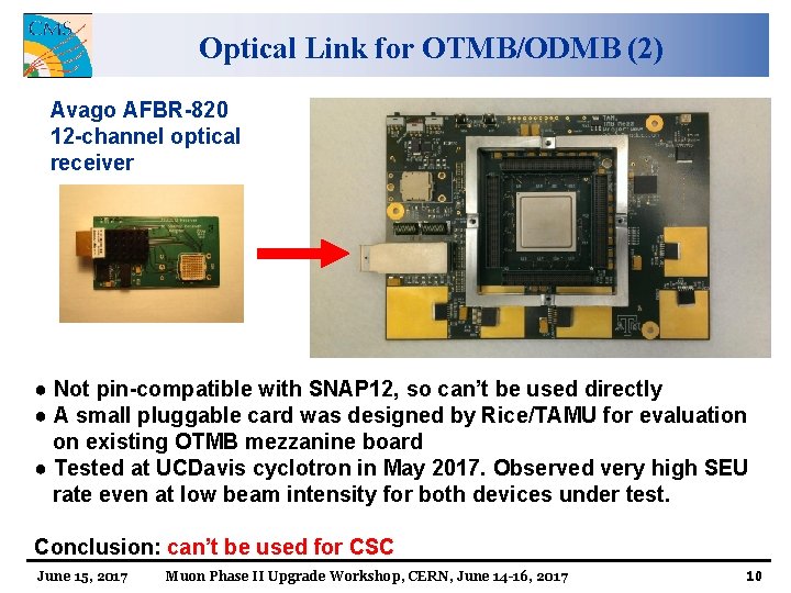 Optical Link for OTMB/ODMB (2) Avago AFBR-820 12 -channel optical receiver ● Not pin-compatible