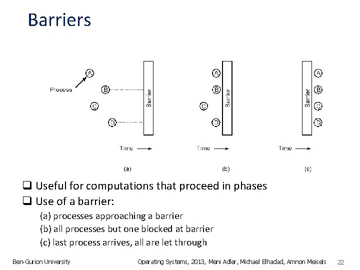 Barriers q Useful for computations that proceed in phases q Use of a barrier: