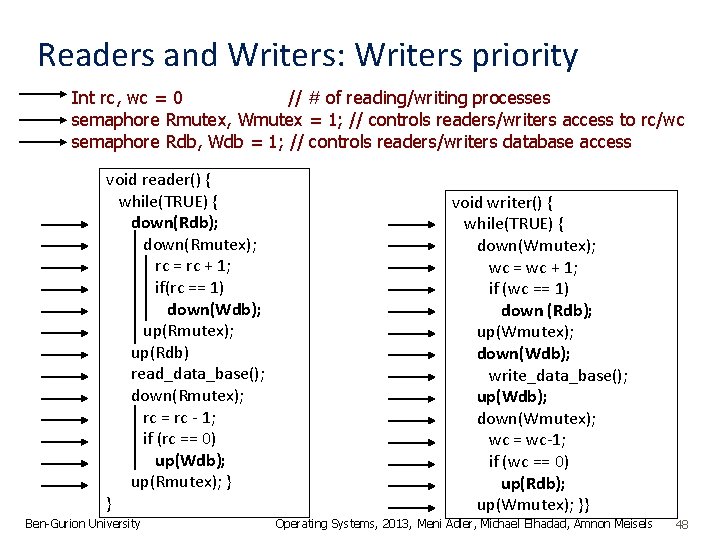 Readers and Writers: Writers priority Int rc, wc = 0 // # of reading/writing