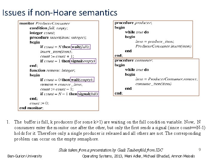 Issues if non-Hoare semantics 1. The buffer is full, k producers (for some k>1)
