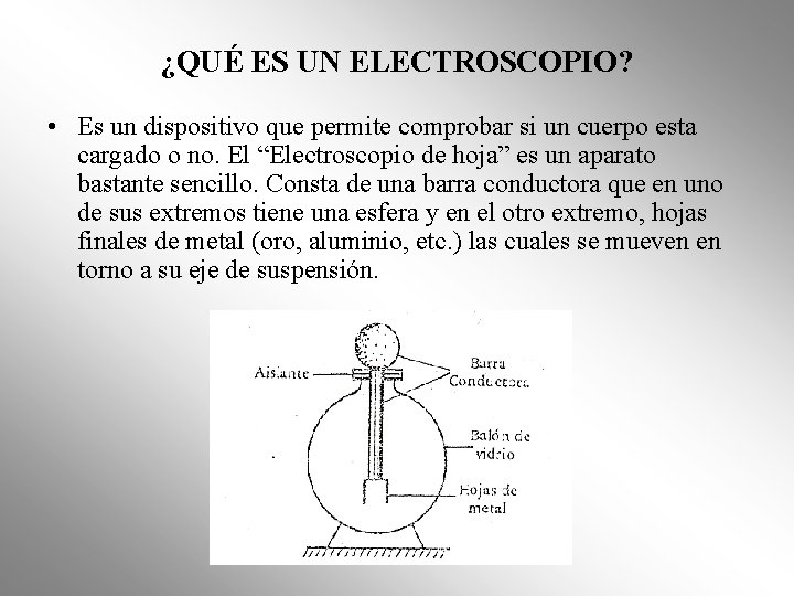 ¿QUÉ ES UN ELECTROSCOPIO? • Es un dispositivo que permite comprobar si un cuerpo ¿QUÉ ES UN ELECTROSCOPIO? • Es un dispositivo que permite comprobar si un cuerpo
