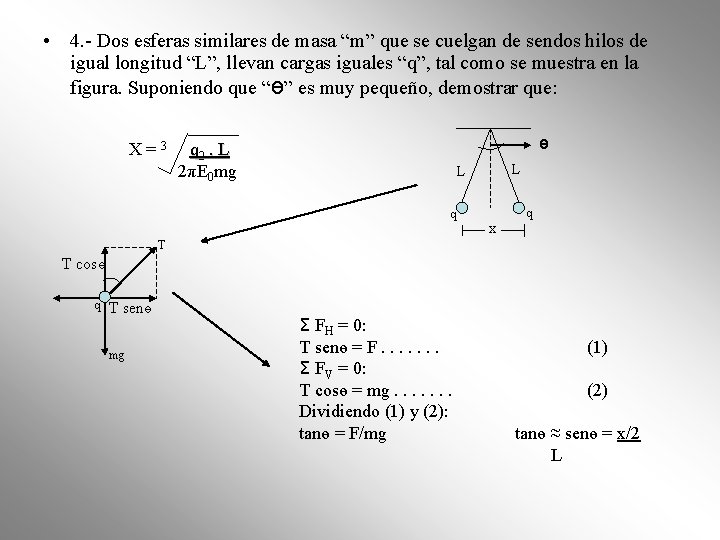 • 4. - Dos esferas similares de masa “m” que se cuelgan de • 4. - Dos esferas similares de masa “m” que se cuelgan de