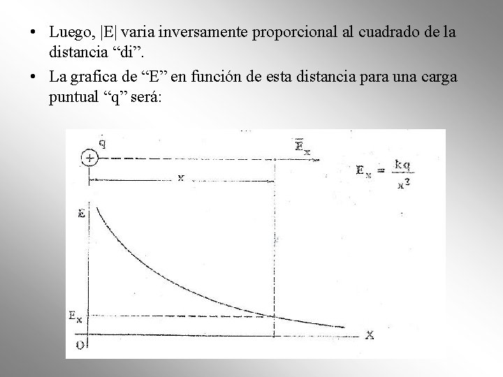 • Luego, |E| varia inversamente proporcional al cuadrado de la distancia “di”. • • Luego, |E| varia inversamente proporcional al cuadrado de la distancia “di”. •