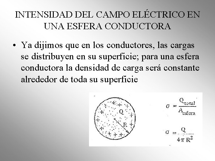 INTENSIDAD DEL CAMPO ELÉCTRICO EN UNA ESFERA CONDUCTORA • Ya dijimos que en los INTENSIDAD DEL CAMPO ELÉCTRICO EN UNA ESFERA CONDUCTORA • Ya dijimos que en los
