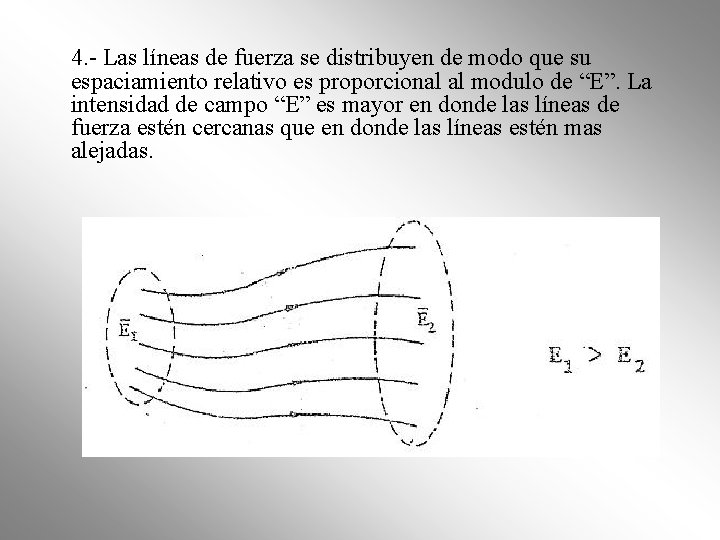 4. - Las líneas de fuerza se distribuyen de modo que su espaciamiento relativo 4. - Las líneas de fuerza se distribuyen de modo que su espaciamiento relativo