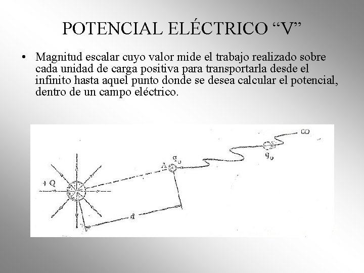 POTENCIAL ELÉCTRICO “V” • Magnitud escalar cuyo valor mide el trabajo realizado sobre cada POTENCIAL ELÉCTRICO “V” • Magnitud escalar cuyo valor mide el trabajo realizado sobre cada