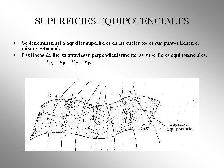 SUPERFICIES EQUIPOTENCIALES • • Se denominan así a aquellas superficies en las cuales todos SUPERFICIES EQUIPOTENCIALES • • Se denominan así a aquellas superficies en las cuales todos