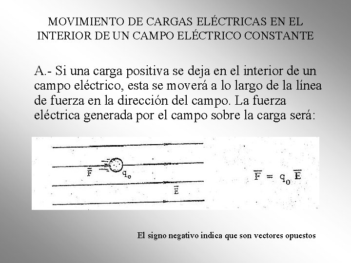 MOVIMIENTO DE CARGAS ELÉCTRICAS EN EL INTERIOR DE UN CAMPO ELÉCTRICO CONSTANTE A. - MOVIMIENTO DE CARGAS ELÉCTRICAS EN EL INTERIOR DE UN CAMPO ELÉCTRICO CONSTANTE A. -