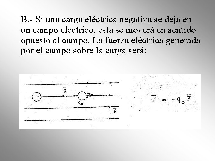 B. - Si una carga eléctrica negativa se deja en un campo eléctrico, esta B. - Si una carga eléctrica negativa se deja en un campo eléctrico, esta