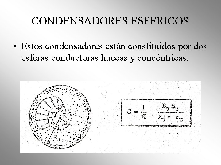CONDENSADORES ESFERICOS • Estos condensadores están constituidos por dos esferas conductoras huecas y concéntricas. CONDENSADORES ESFERICOS • Estos condensadores están constituidos por dos esferas conductoras huecas y concéntricas.