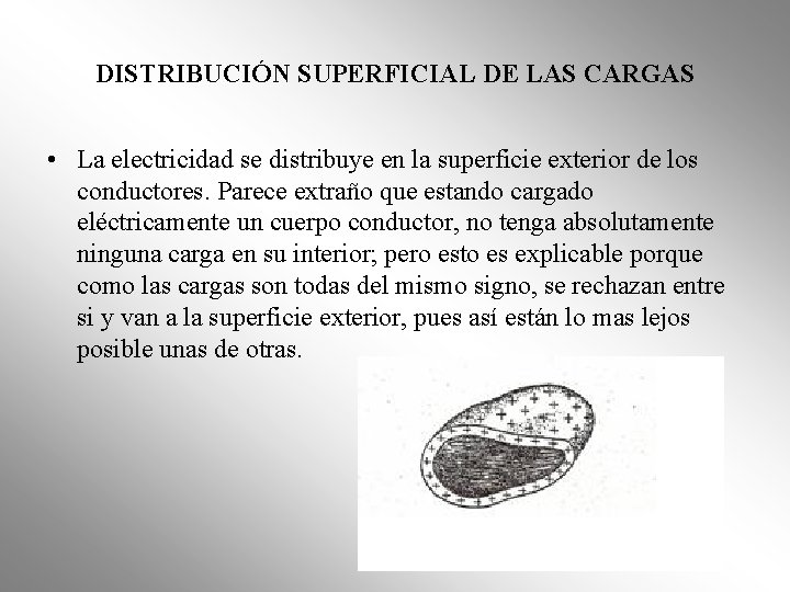 DISTRIBUCIÓN SUPERFICIAL DE LAS CARGAS • La electricidad se distribuye en la superficie exterior DISTRIBUCIÓN SUPERFICIAL DE LAS CARGAS • La electricidad se distribuye en la superficie exterior