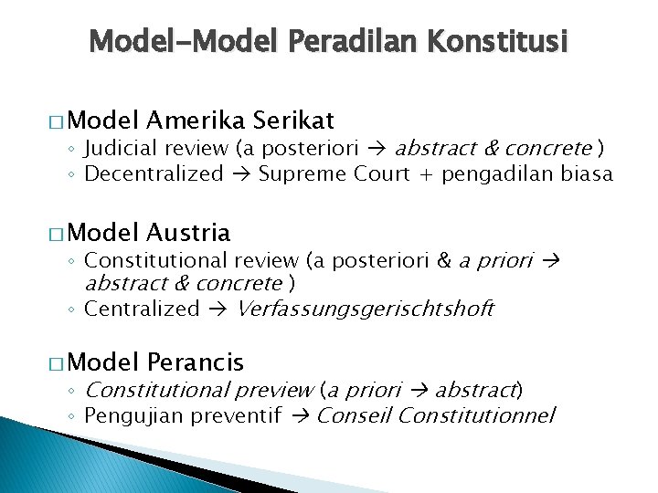Model-Model Peradilan Konstitusi � Model Amerika Serikat � Model Austria � Model Perancis ◦ Model-Model Peradilan Konstitusi � Model Amerika Serikat � Model Austria � Model Perancis ◦