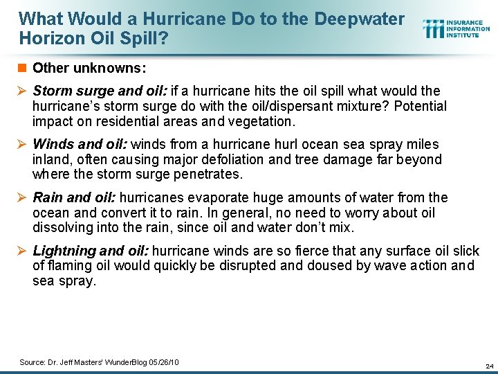 What Would a Hurricane Do to the Deepwater Horizon Oil Spill? n Other unknowns: