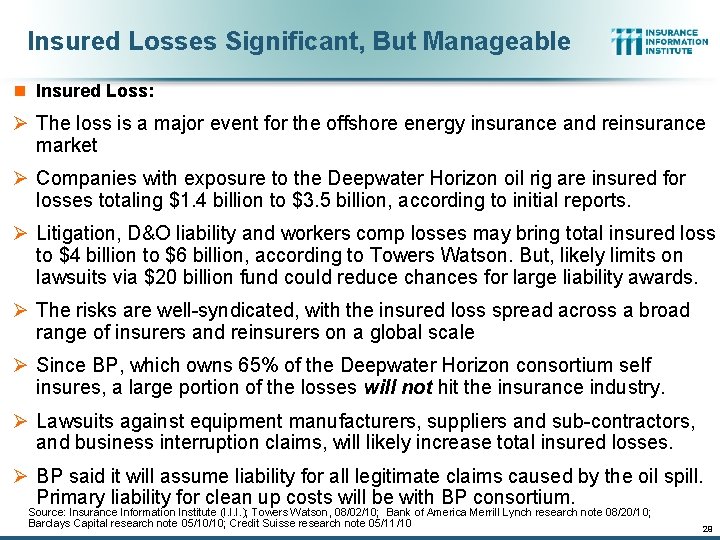 Insured Losses Significant, But Manageable n Insured Loss: Ø The loss is a major