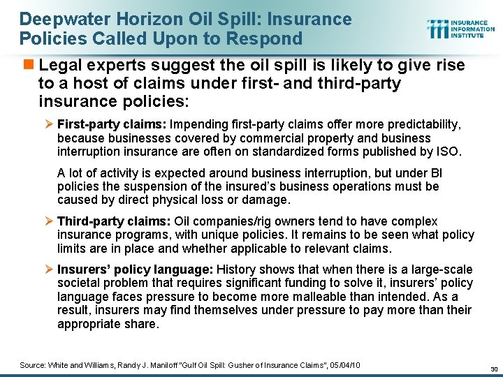 Deepwater Horizon Oil Spill: Insurance Policies Called Upon to Respond n Legal experts suggest