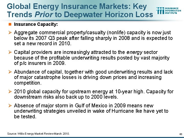 Global Energy Insurance Markets: Key Trends Prior to Deepwater Horizon Loss n Insurance Capacity: