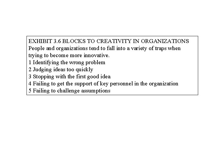 EXHIBIT 3. 6 BLOCKS TO CREATIVITY IN ORGANIZATIONS People and organizations tend to fall EXHIBIT 3. 6 BLOCKS TO CREATIVITY IN ORGANIZATIONS People and organizations tend to fall