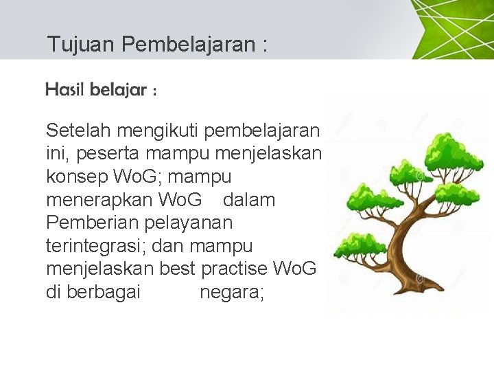 Tujuan Pembelajaran : Setelah mengikuti pembelajaran ini, peserta mampu menjelaskan konsep Wo. G; mampu