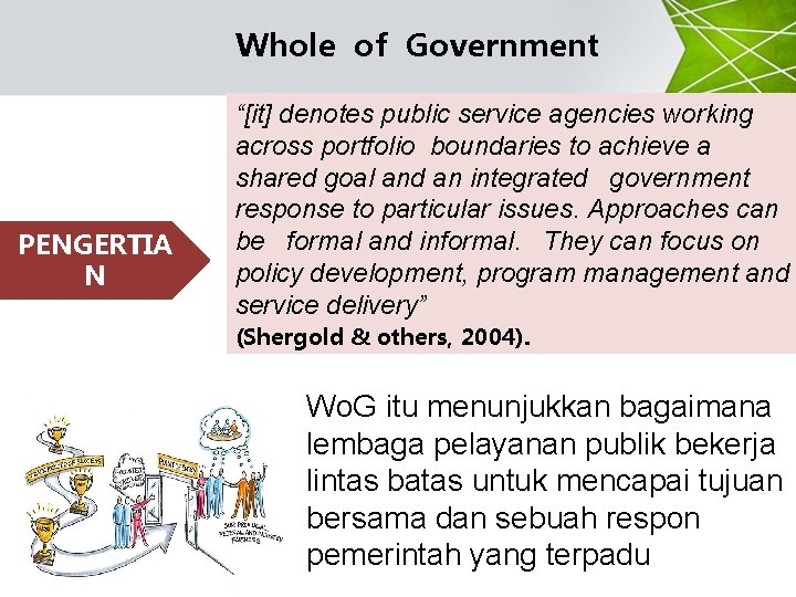 Whole of Government PENGERTIA N “[it] denotes public service agencies working across portfolio boundaries
