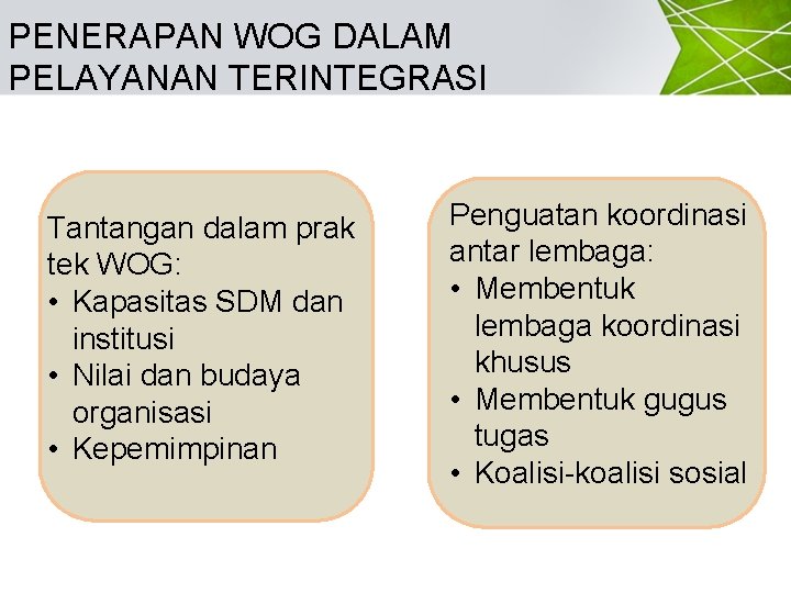 PENERAPAN WOG DALAM PELAYANAN TERINTEGRASI Tantangan dalam prak tek WOG: • Kapasitas SDM dan