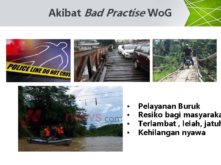 Akibat Bad Practise Wo. G • • Pelayanan Buruk Resiko bagi masyaraka Terlambat ,