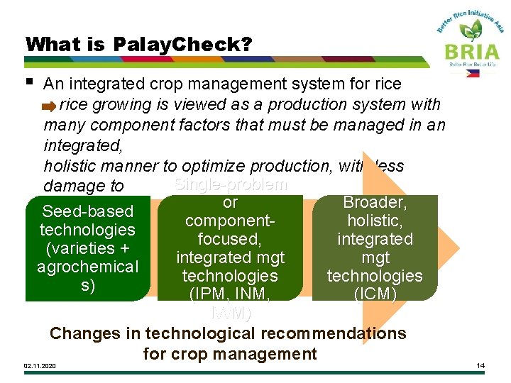 What is Palay. Check? § An integrated crop management system for rice growing is