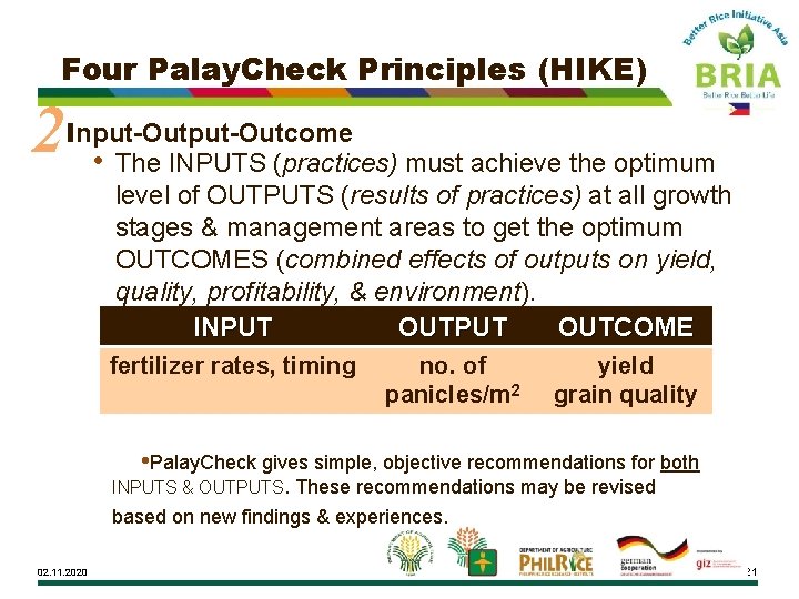 Four Palay. Check Principles (HIKE) 2 Input-Outcome • The INPUTS (practices) must achieve the