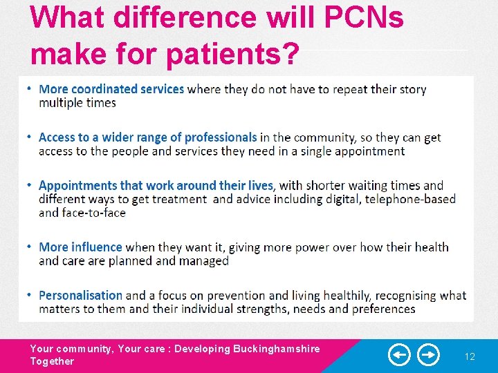 What difference will PCNs make for patients? Your community, Your care : Developing Buckinghamshire What difference will PCNs make for patients? Your community, Your care : Developing Buckinghamshire
