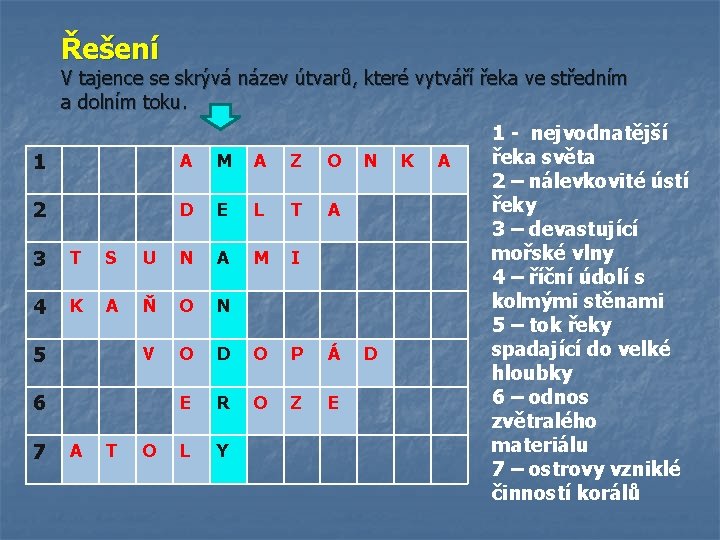 Řešení V tajence se skrývá název útvarů, které vytváří řeka ve středním a dolním Řešení V tajence se skrývá název útvarů, které vytváří řeka ve středním a dolním